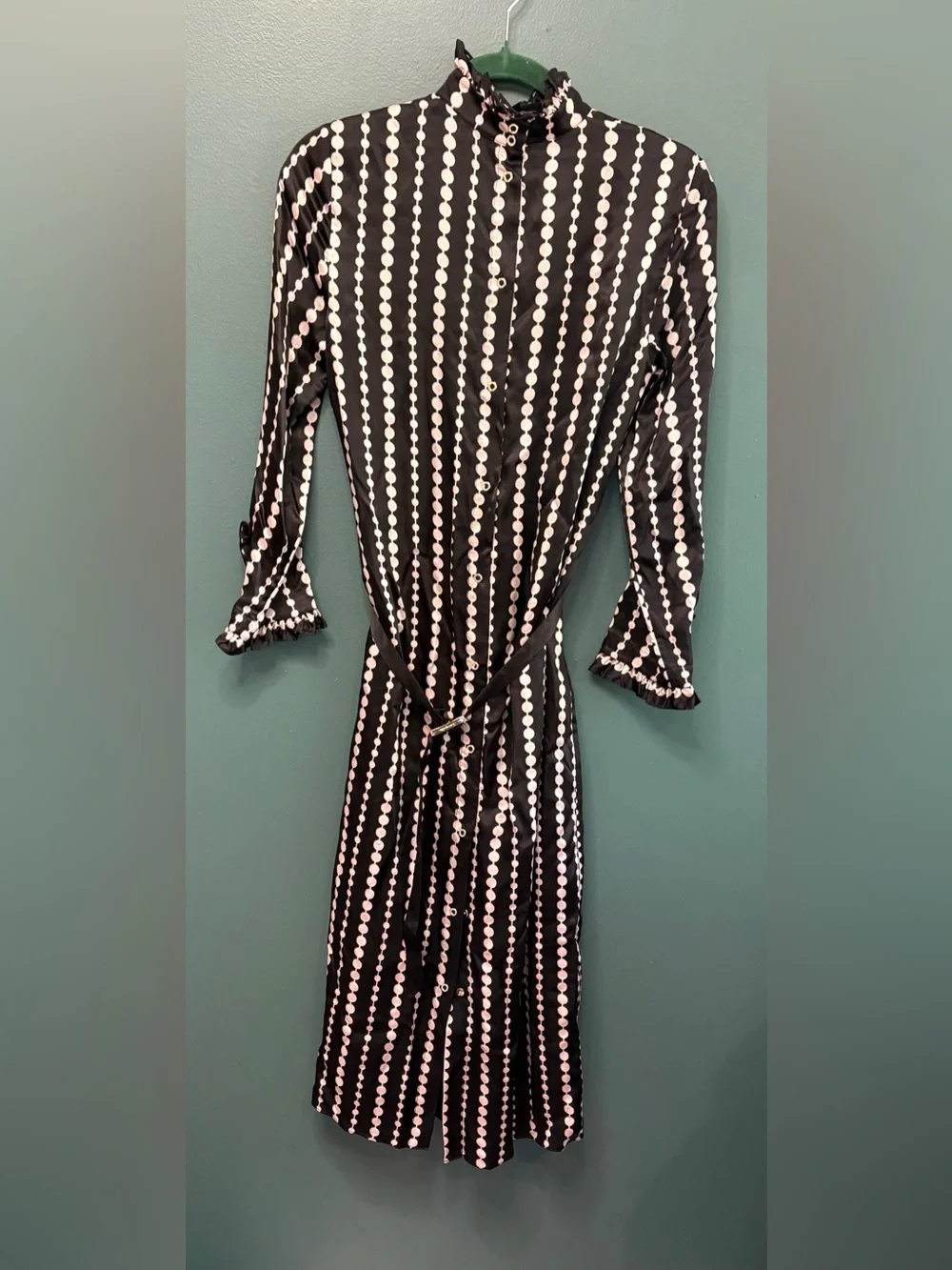 kate spade Black and White Vertical Dot-Stripe Silk Long Sleeve Midi Dress 4 - Picture 3 of 5